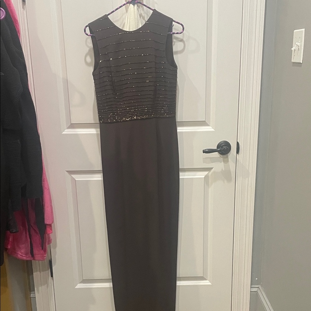 Elegant Brown Sleeveless formal Dress with intricate beading